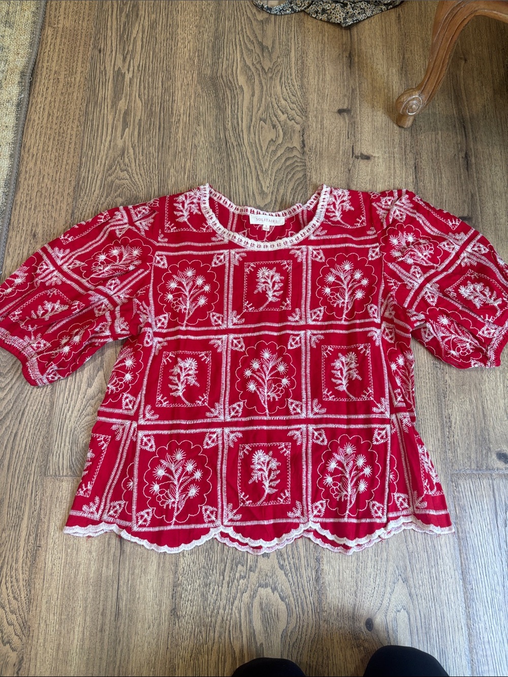 Solitaire Red Top with White Embroidered Accents